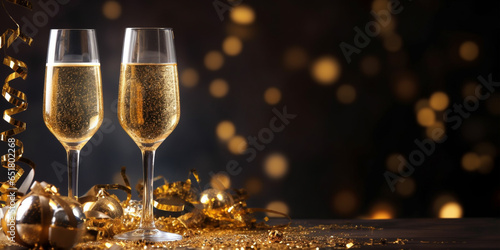 New Year's eve celebration banner with champagne glasses and golden confetti on black background