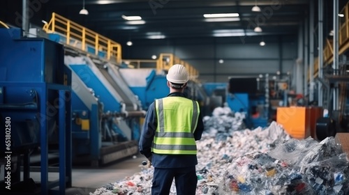 Mechanical engineer inspects waste recycling system in factory.
