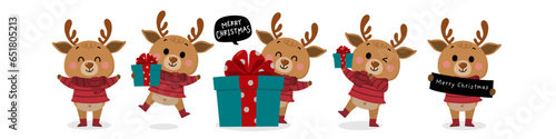 Cute deer, reindeer in winter costume with gift. Merry Christmas and happy new year greeting card. Animal holidays cartoon character set.