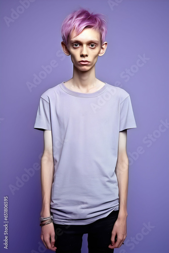 very skinny boy with purple hair and tshirt, isolated on plain studio background