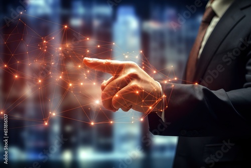 Close up of businessman hand pointing at glowing polygonal mesh on blurry office interior background. Technology, Double exposure