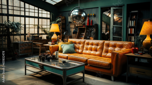living room interior in retro style in yellow and green colors. vintage aesthetics of the 60s