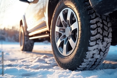 Winter tire close-up. Detail of car tires in winter on the road covered with snow. Winter traveling by car.