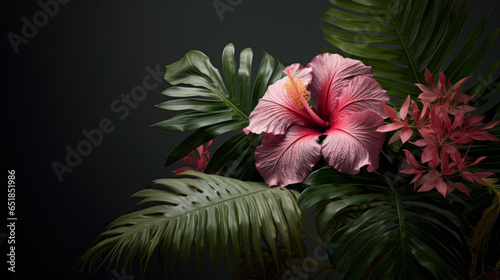 A beautiful tropical vine with long thin leaves and a single pink flower