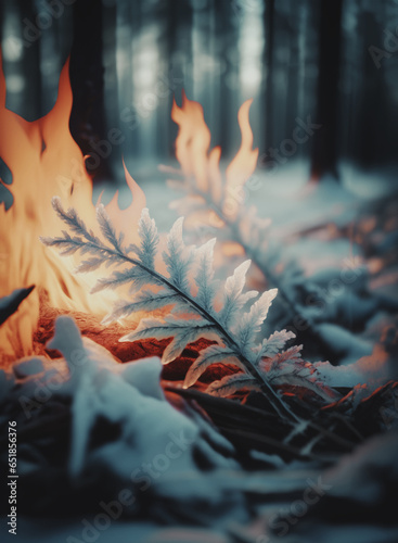 tema invernale con elementi ghiaccio e fuoco in contrapposizione, natura e credenze pagane