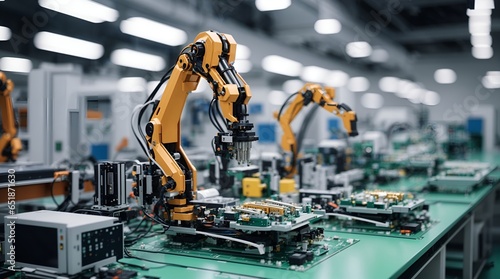 製造工場のロボットアームとコンベア｜Robotic arms and conveyors in a manufacturing plant. Generative AI 