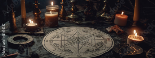 Ancient esoteric sign and candles on dark background. Horizontal banner.