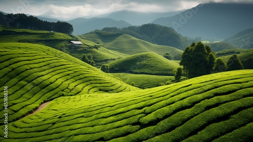 a serene, emerald-green tea plantation on rolling hills, with tea bushes neatly arranged in rows