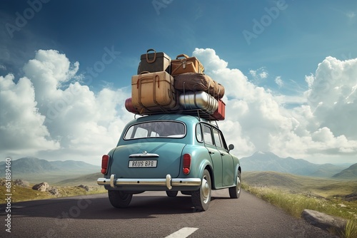 Travelling by retro car. Back view of a car with luggage on the roof. Car on the road with a lot of suitcases on roof. Travel on summer vacation.