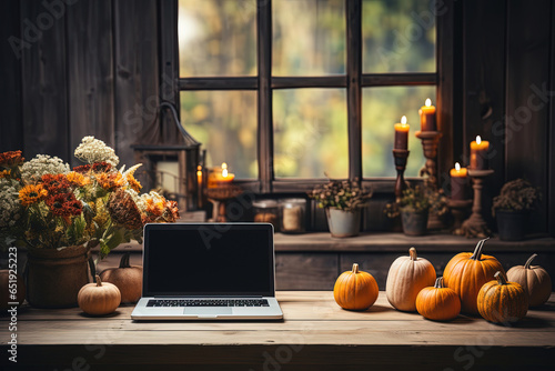 Wooden table with Halloween decor. Home office laptop on desk workspace with copy space, a jack-o'-lantern pumpkin coffee cup, a vase, Thanksgiving Autumn sales.
