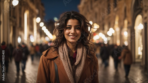 Bellissima donna di origini asiatiche vestita con un cappotto elegante cammina nella strade di Roma la sera vicino ai negozi con tanta gente e luci