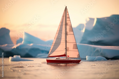 sailboat sailing in the arctic sea between icebergs in Antarctica