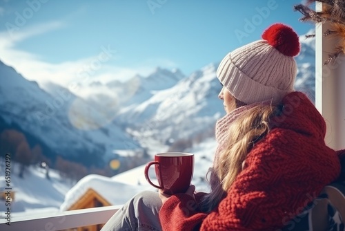Young woman enjoying a hot drink among a snowy winter landscape, enjoying the holiday season.