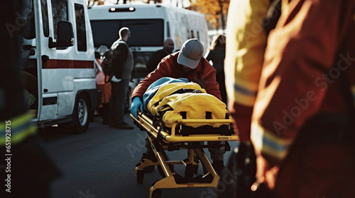 stockphoto, paramedic transporting a victim of a car accident on a stretcher, ambulance in the background. Medical personel on an car crash scene, transporting a traffic accident victim on a stretcher