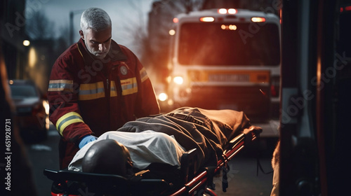 stockphoto, paramedic transporting a victim of a car accident on a stretcher, ambulance in the background. Medical personel on an car crash scene, transporting a traffic accident victim on a stretcher