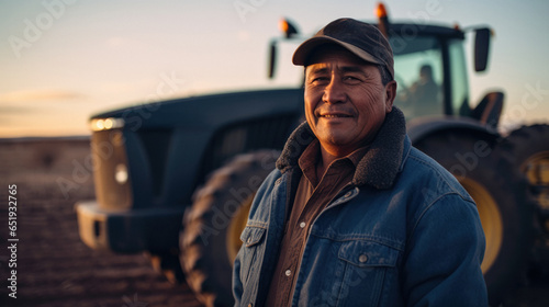 Portrait of a Native American Indian farmer in front of a tractor