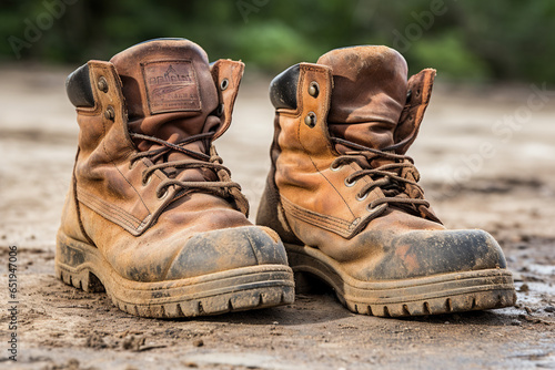 A pair of used and worn construction boots, covered in dirt and grime from hard work on the job site