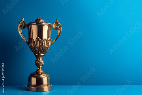 Gold winner cup on blue background. Golden champion cup, trophy for the winner, award, victory, first place of competition, winning and success concept. Copy space. Ai generated