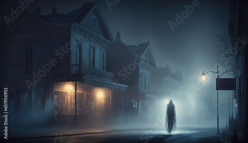 Creepy ghostly figure walking along the street in a desolate haunted village. Ghost town in mysterious hazy light. Paranormal activity.