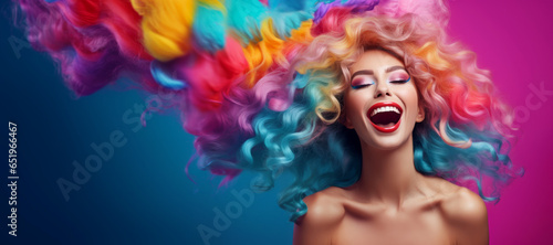 Funky playful young woman with long colorful hair. Beauty fashion banner