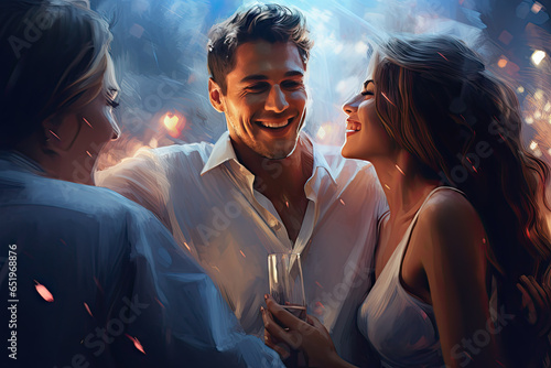 Happy young couple with glasses of champagne in front of fireworks at night