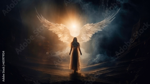 Angel, the messenger of God. Woman under wings with a night sky background