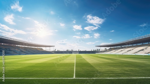 Sunny Day at the Stadium: Grassy Football Field and Blue Sky