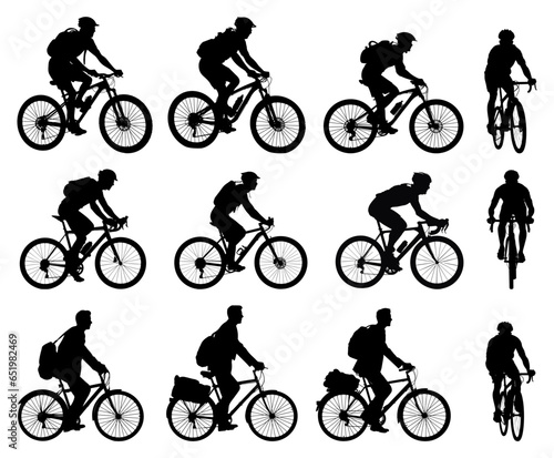 set of silhouettes of people riding bicycle. cyclist side view. high detail. isolated on a background. eps 10