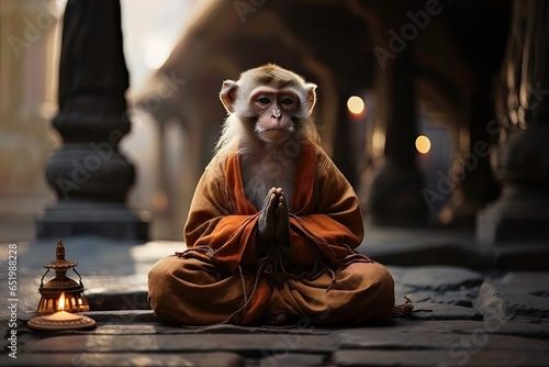 Monkey macaque sitting in classic yoga meditation pose, in a prayer position.