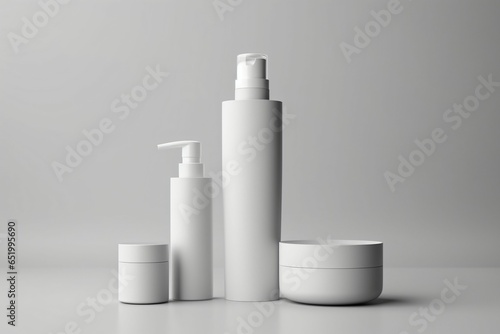 white cosmetic plastic containers in white background, cosmetic packaging bottles, white Jars with Lid, skincare cream product 3D mockup