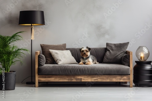 Minimalist Marvel Stylish and scandinavian living room interior of modern apartment with gray sofa, design wooden commode, black table, lamp, abstract paintings on the wall. Dog lying on the couch