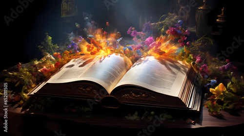 Literary world: magic book on the table, the magic of words