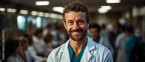 portrait caucasian doctor man with blured team nurses and assistants behind in depth of field.generative ai