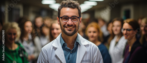 portrait caucasian doctor man with blured team nurses and assistants behind in depth of field.generative ai