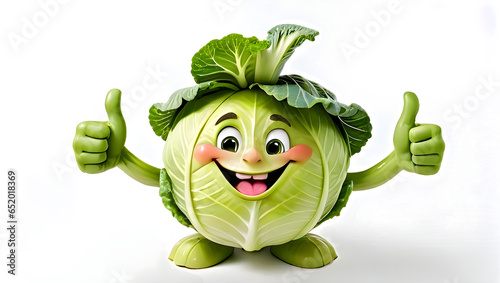 Happy Cabbage character gives thumbs up using both hands, funny cartoon cabbage character showing thumbs up with white background