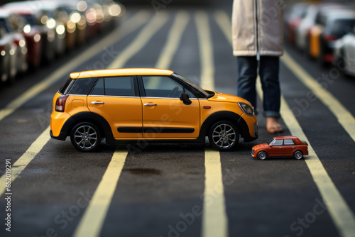 A person attempting to parallel park a tiny car in a large parking space, comically overestimating the maneuverability. Concept of parking challenges. Generative Ai