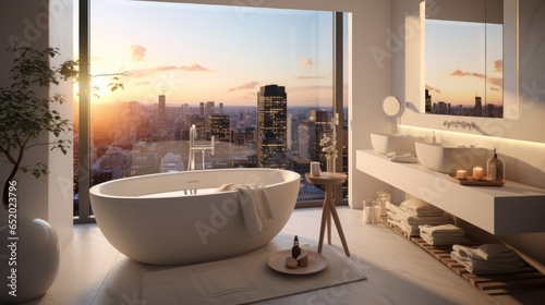 Modern bathroom with a freestanding bathtub in a penthouse, with a beautiful view of the city's skyscrapers.
