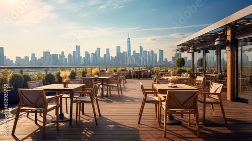 Empty cafe terrace with panoramic view of city skyline at sunset