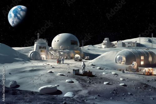 Space frontier settlement, a lunar base with astronauts working by futuristic buildings and Earth in the sky above