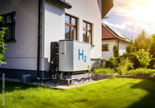 Hydrogen fuel cell power generator near residential house, clean energy for household as imagined by Generative AI