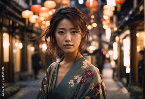 Ritratto di una bellissima donna giapponese vestita con il vestito tradizionale yukata nelle strade di Kyoto all'imbrunire con le luci dei negozi e ristoranti sullo sfondo
