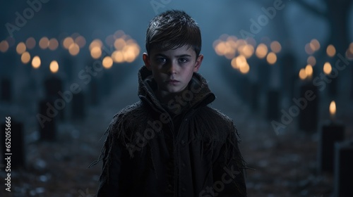 A young boy standing in a cemetery with candles in the background. Generative AI.