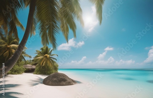 Beautiful natural tropical landscape, beach with white sand and Palm trees next to calm ocean