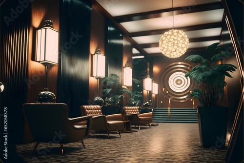 cinematic close up of a futuristic 60s hotel lobby interior at night vintage moody 8K highly detailed very realistic oldschool vintage cinema style retro film grain 