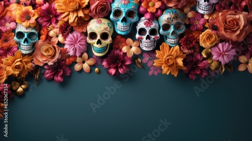 Day of the dead dia de muertos a holiday honoring the dead, the souls of deceased relatives visit home skulls, skeletons, Halloween makeup. venerating the dead creatively beautiful .