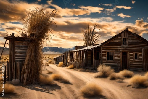 Wild west ghost town with tumbleweeds blowing through