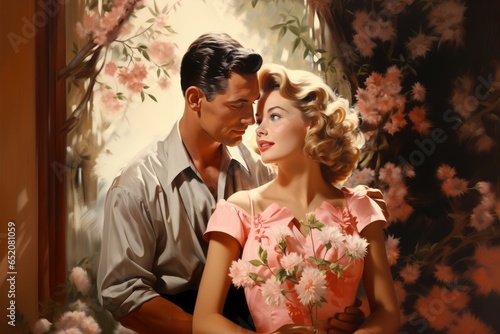 A vintage style illustration, a portrait of a couple deeply in love, surrounded by blooming flowers and soft sunlight. The couple is dressed in elegant attire from the 1950s. Generative Ai