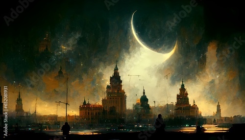the city of the lost gods arcane night sky golden eyes watching dark silhouettes fear realism 8k quality 