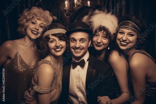 1920s Happy Group Portrait. A joyful group of flapper girls and dapper gentlemen posing at a jazz age speakeasy, exuding the carefree spirit of the Roaring Twenties. Vintage camera, sepia Tone.