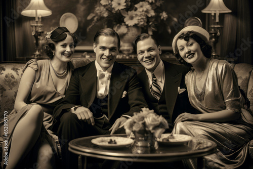 1930s Happy Group Portrait. A family gathering in their Art Deco - style living room, dressed in stylish 1930s attire, sharing laughter and smiles during the Great Depression era.